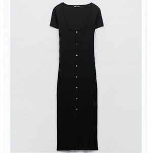 Zara Black Cotton Ribbed Dress With Buttons Size S
